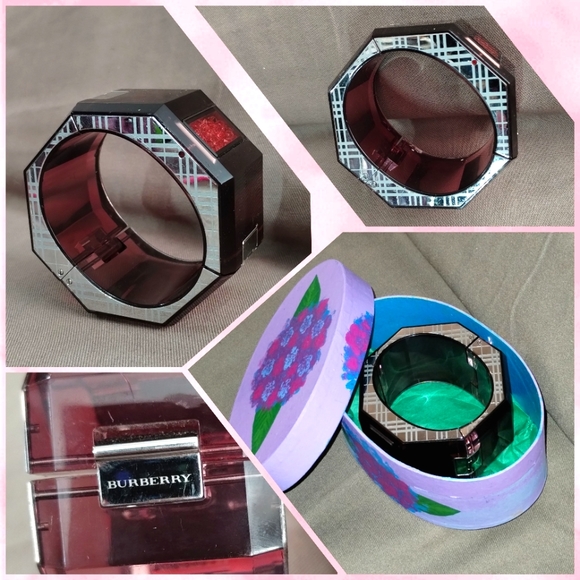 BURBERRY Acrylic & Metal Bangle Cuff Bracelet ~ Window w/ Lose Pink Rhinestones! - Picture 1 of 16